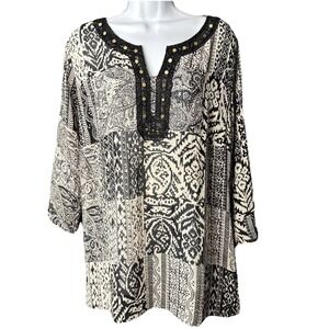 Elementz Patchwork‎ Tunic Top Women L Black White Studded Boho Split Neck Blouse
